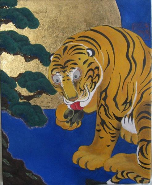 超美品！値下げ交渉あり。金箔を押した虎　アクリル画　絵画 超美品！値下げ交渉あり。金箔を押した虎　アクリル画　絵画