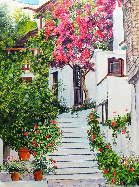 ブーゲンビリア咲くレストラン　透明水彩画　ホワイト額入り ブーゲンビリア咲くレストラン 透明水彩画 ホワイト額入り