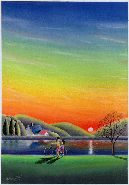 水彩画　仏生山法然寺　夕暮れ 水彩画 仏生山法然寺 夕暮れ Watercolor Painting Sunset by the