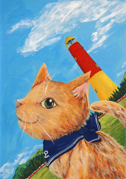 絵画　猫　美品　海　風景　白猫　青空　美術品　ベランダ　水彩画 絵画 猫 美品 海 風景 白猫 青空 美術品 ベランダ 水彩画