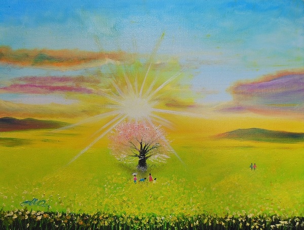 油絵　夕日の中の秋桜 油絵夕日の中の秋桜