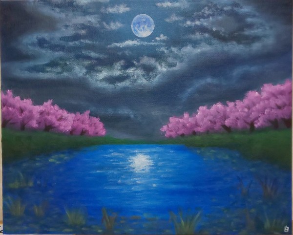 夜桜の池