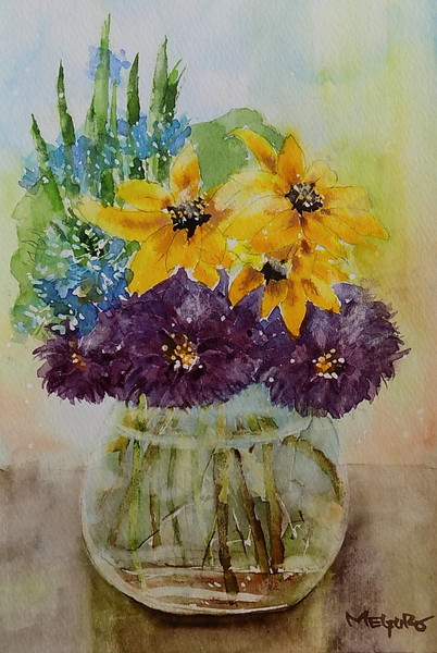 油彩画 花瓶に生けた花 ガラスの花瓶に生けた花の静物画（油絵肉筆画）（680×680