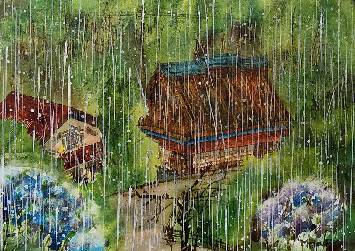 紫陽花咲く雨風景