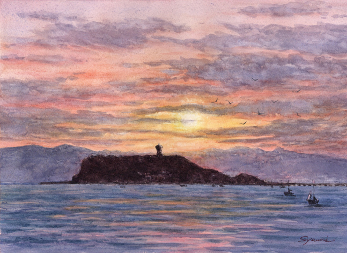 水彩画原画 湘南の夕日・江の島 #652