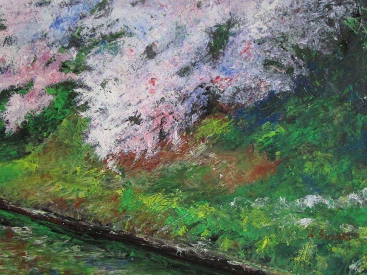 【真作】絵画　油彩SM（板絵）　春の水辺　桜咲く静かな風景　花咲く季節　U85 ENG SUB [Drawing complex XX] Learn to draw cherry blossoms