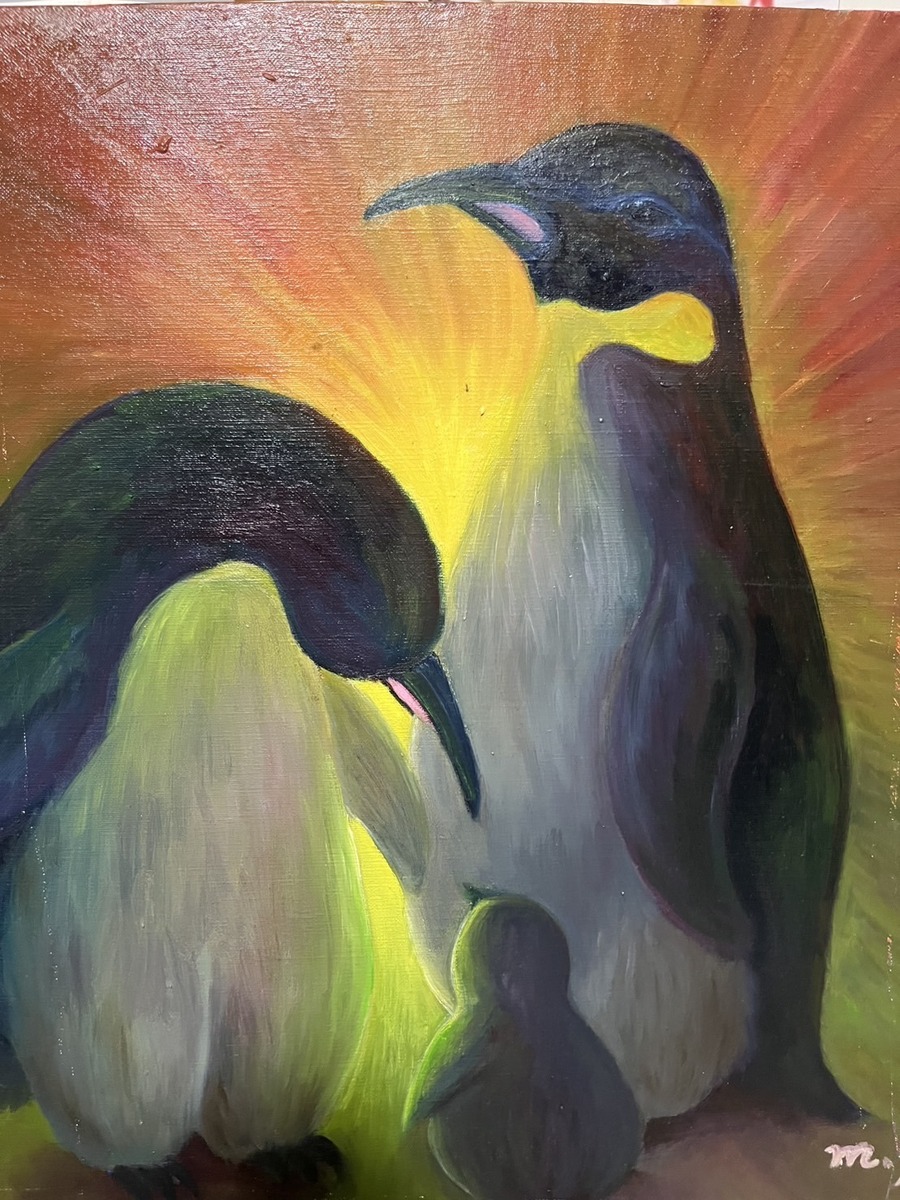 油彩画 ペンギンの親子