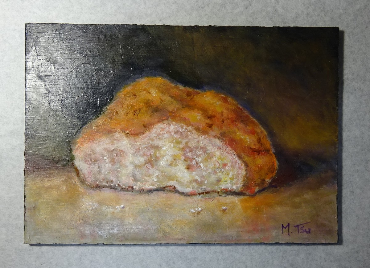 油彩画 パン 肉筆 原画 一点物 SM ベニヤ板 ジェッソ下地 サインなし 額なし