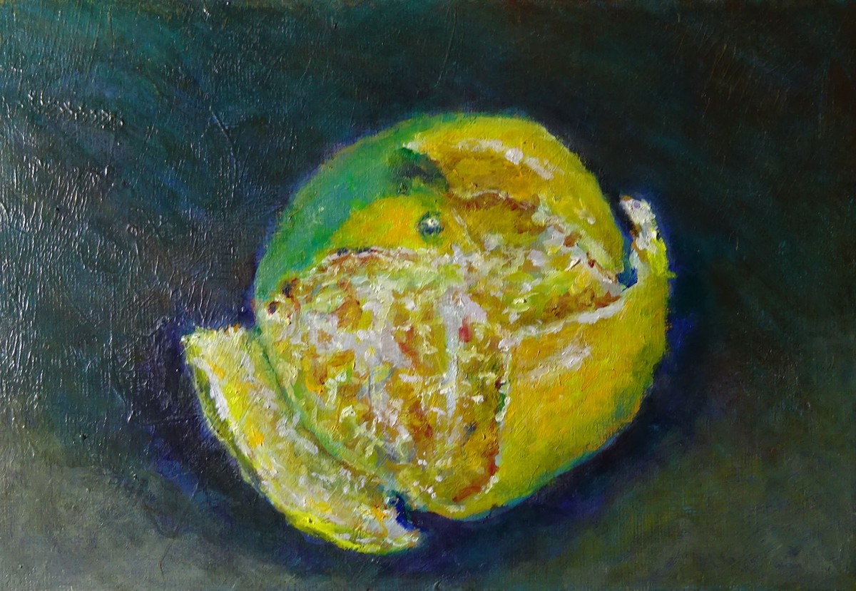 油彩画 皮をむいたみかん SM