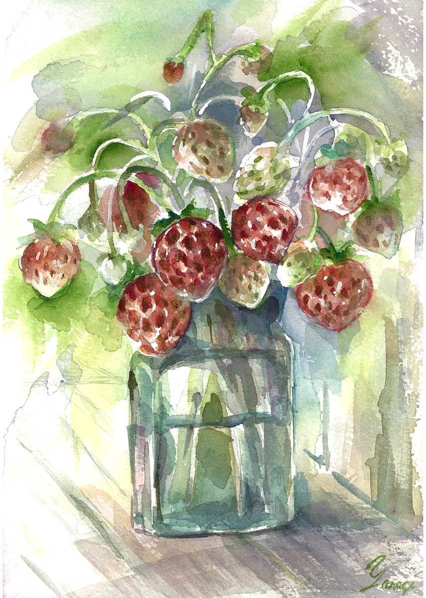 水彩画 原画 いちごの花瓶