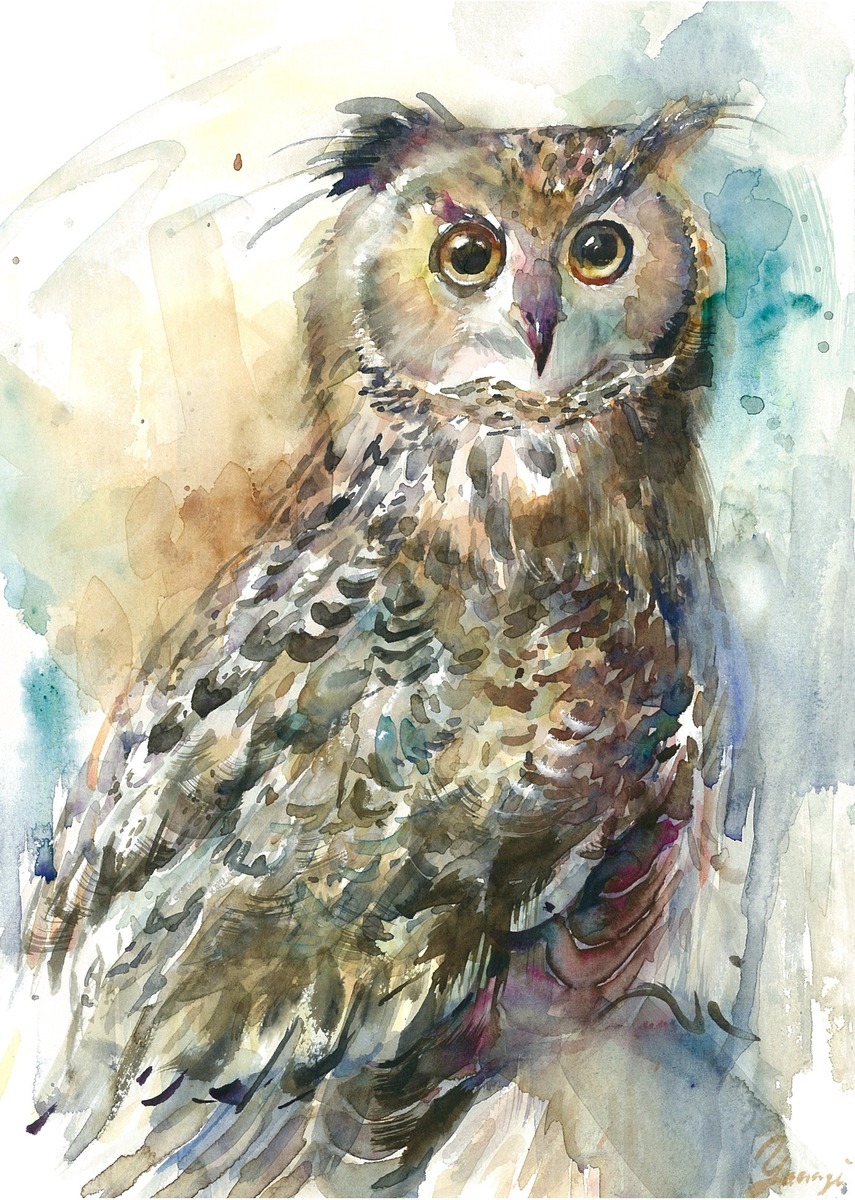 水彩画 原画 ミミズク