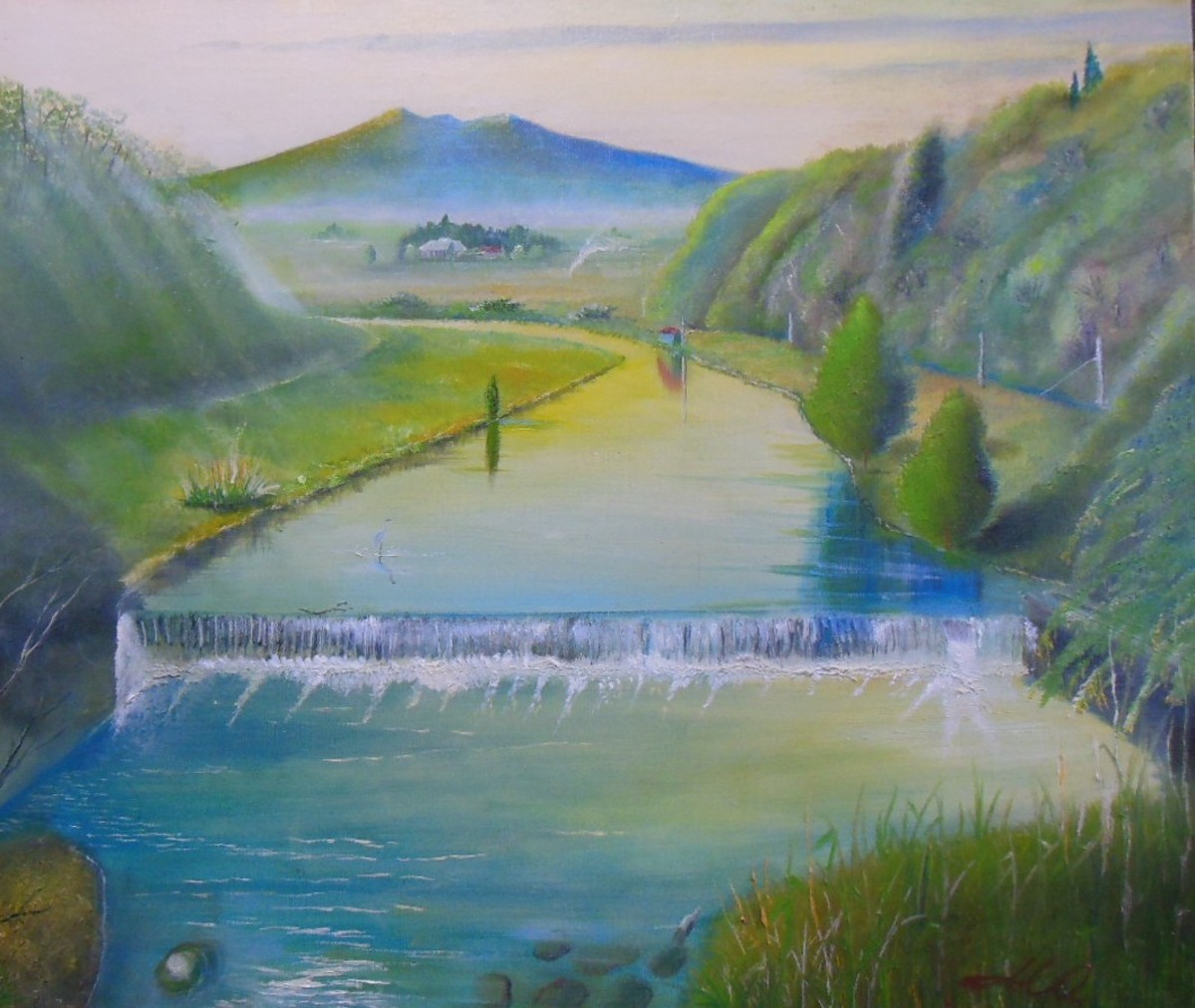 黄昏時の堰(せき)F-10