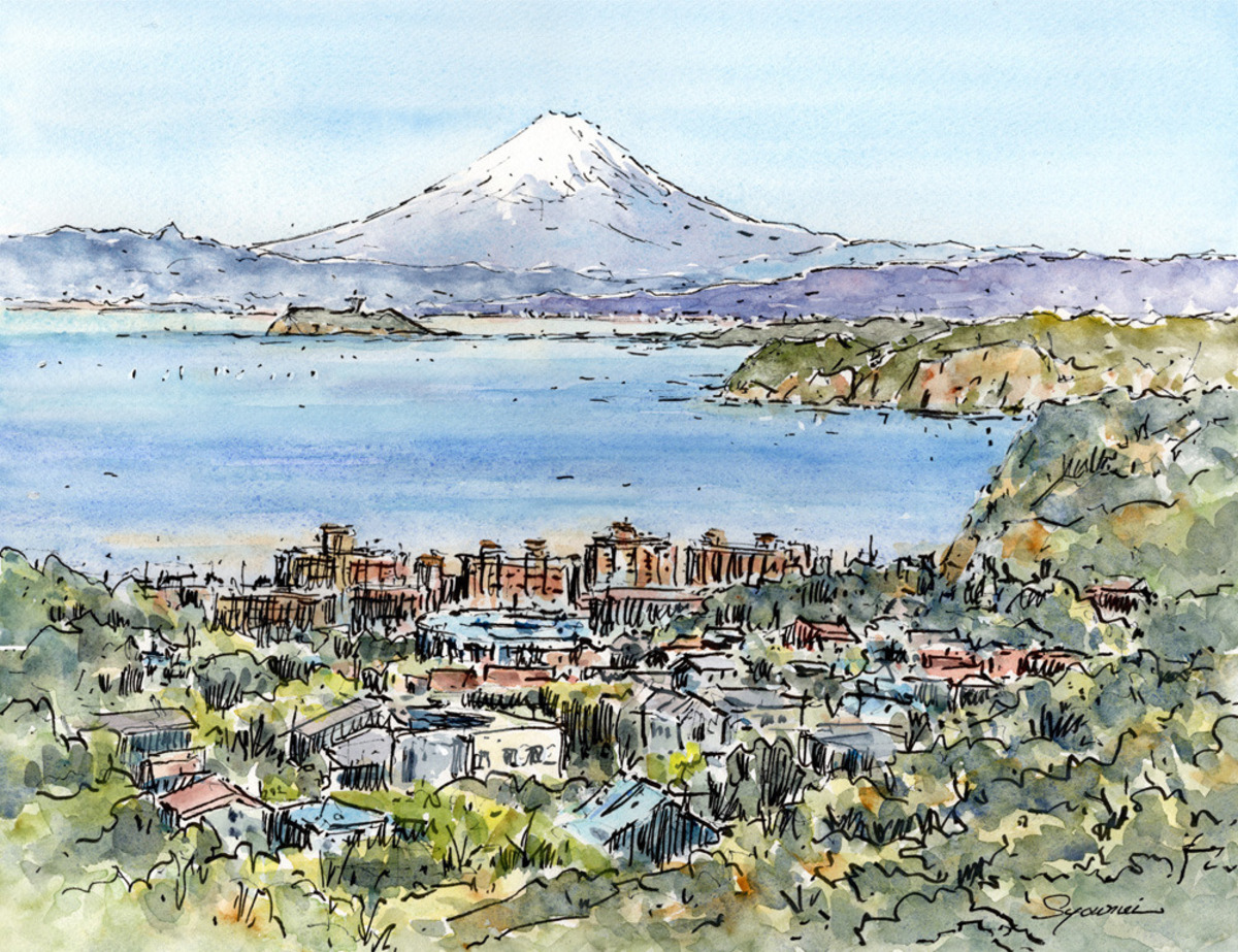 水彩画原画 富士山・逗子披露山 #703