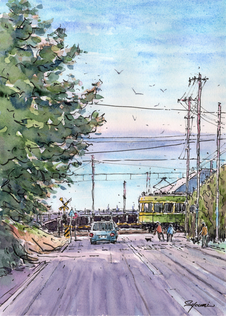 水彩画原画 鎌倉プリンスホテル前踏切と七里ガ浜の海 #708