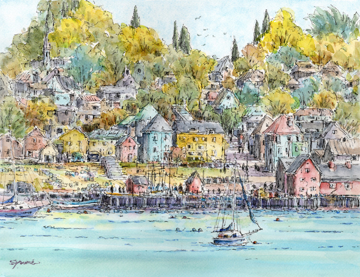 水彩画原画 秋色港町 B #709