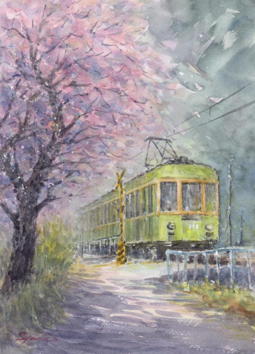 水彩画原画・ 江ノ電と桜 #714