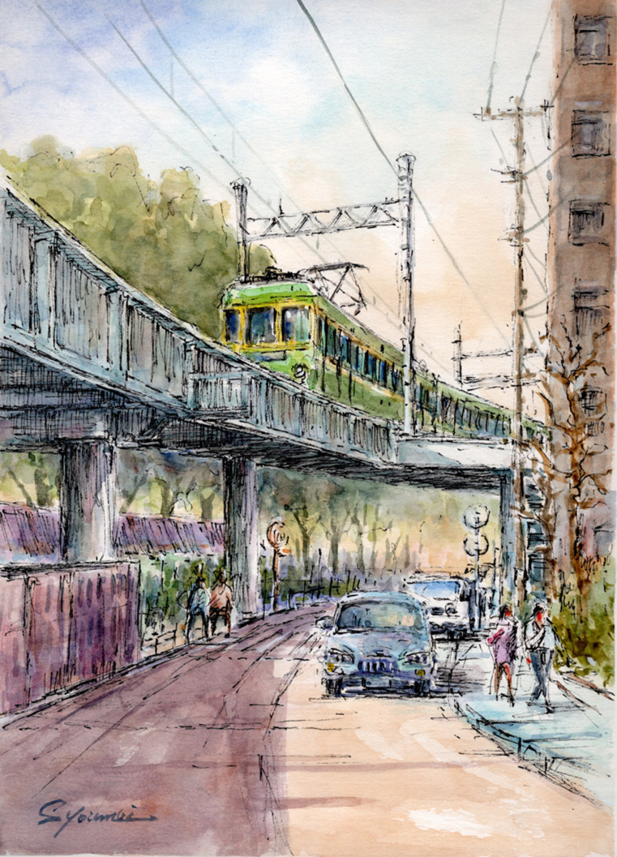 水彩画原画・江ノ電高架を走る #716