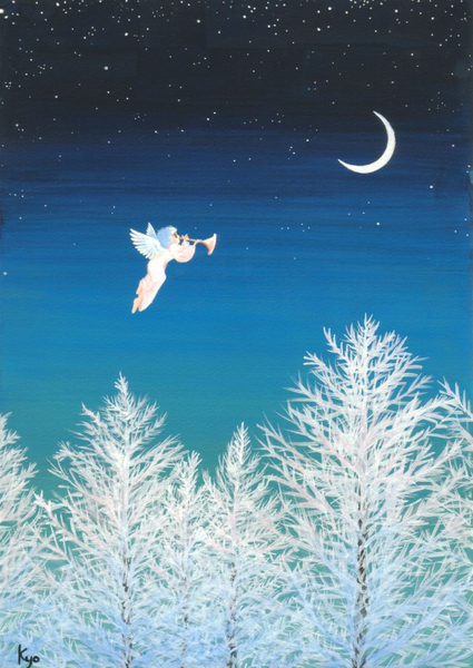 絵画　月 星月猫☆アート「三日月」絵画 複製画 F3 木製パネル貼り27.3