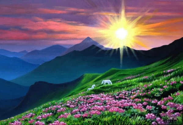 山、夕暮れ、花と馬」 by アルフレッド｜Artmeter｜暮らしを彩るアート