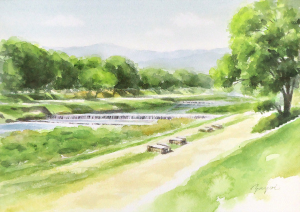絵画「鴨の池の午後」　水彩画 絵画「鴨の池の午後」 水彩画 美術品・アンティーク・コレクション