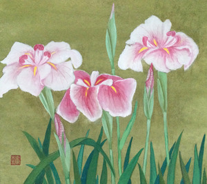 作品名:「ピンクの花菖蒲」 画家名:「桂颯」 コメント:「ピンク色は、愛を表す色です。花菖蒲の中でも、花びらの枚数が多く、ひときわ優しい雰囲気を持つこのお花たちに、とても惹かれました。この絵をお部屋に飾って頂いて、心が優しく癒されたら、幸いです。」 ART-Meter