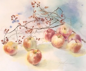 作品名:「秋」 画家名:「yukie」 コメント:「色々な産地のりんごと、
野バラの実。
りんごのいい香りがしています。
優しい穏やかな作品です。」 ART-Meter