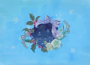 作品名:「冬の花飾り」 画家名:「UMARE」 コメント:「冬の花を集めたリースを描きました。雪の結晶や星の光を描き、冬の静けさを表現しています。キリッした繊細な空気と、華やかなリース。冬の幸せを感じていただければと思います。クリスマスにもどうぞ。」 ART-Meter