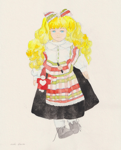 作品名:「人形」 画家名:「Nish Ihara」 コメント:「F6ヴィフアール水彩紙に水彩で描画。谷根千の骨董品店で購入の人形を東京都美術館2階スタジオで描画。赤いクリスマス人形も添えてカワイク描けました」 ART-Meter
