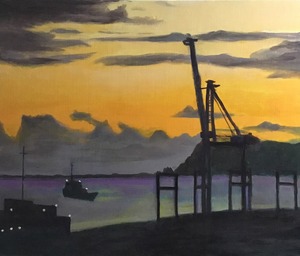 作品名:「夜明け」 画家名:「Motoko」 コメント:「明け方の、港を描きました」 ART-Meter