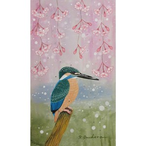 作品名:「カワセミと枝垂桜」 画家名:「R.Onodera」 コメント:「M6サイズのキャンバスに、アクリル絵の具で、水彩風、カワセミと枝垂桜を描きました。ラインストーンで、キラキラ光ります。」 ART-Meter