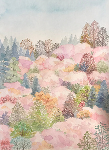 作品名:「山笑う」 画家名:「Canako」 コメント:「日本の山の植物の多様性は他に類を見ないとか。それらの木々が一斉に芽吹く季節、昔の人は「山笑う」と表現したそうです。色あいは多少異なります。」 ART-Meter