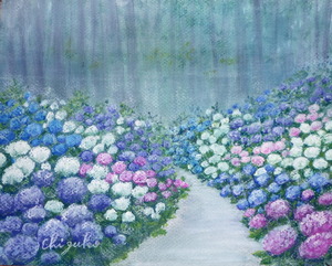 作品名:「紫陽花の道」 画家名:「chizuko」 コメント:「雨上がりの紫陽花の道」 ART-Meter