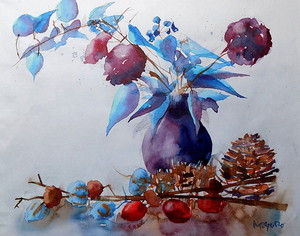 作品名:「青紫の花器」 画家名:「山田太郎」 コメント:「青のバックに描いた花の静物画です。」 ART-Meter