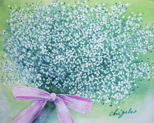 作品名:「かすみ草の花束」 画家名:「chizuko」 コメント:「かすみ草をピンクのリボンで飾って」 ART-Meter