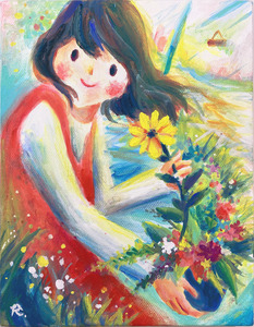 作品名:「いちばん好きな花」 画家名:「大橋諒子」 コメント:「お花屋さんで、大好きな黄色いお花を手に微笑む女の子を描きました。包み張りキャンバスで、側面まで着色しています。裏面にひも付き。」 ART-Meter