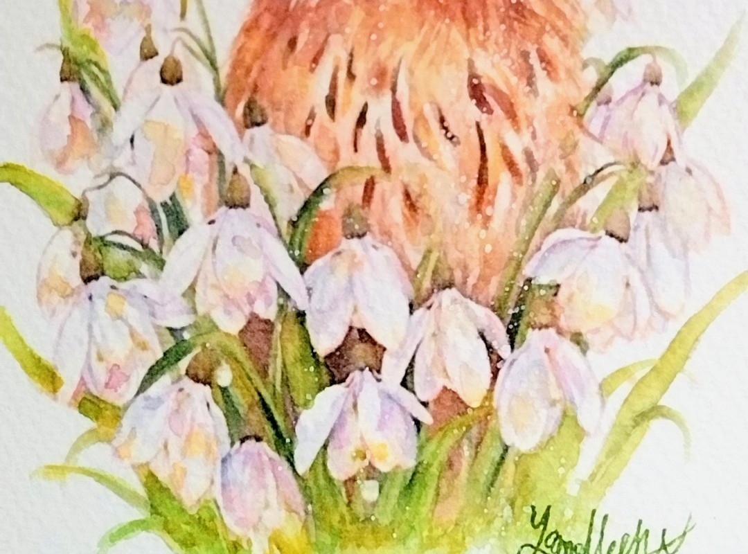 スノードロップの淡いピンクと白のグラデーションが、フクロウの落ち着いた色調と調和し、全体に優しい雰囲気を醸しています。