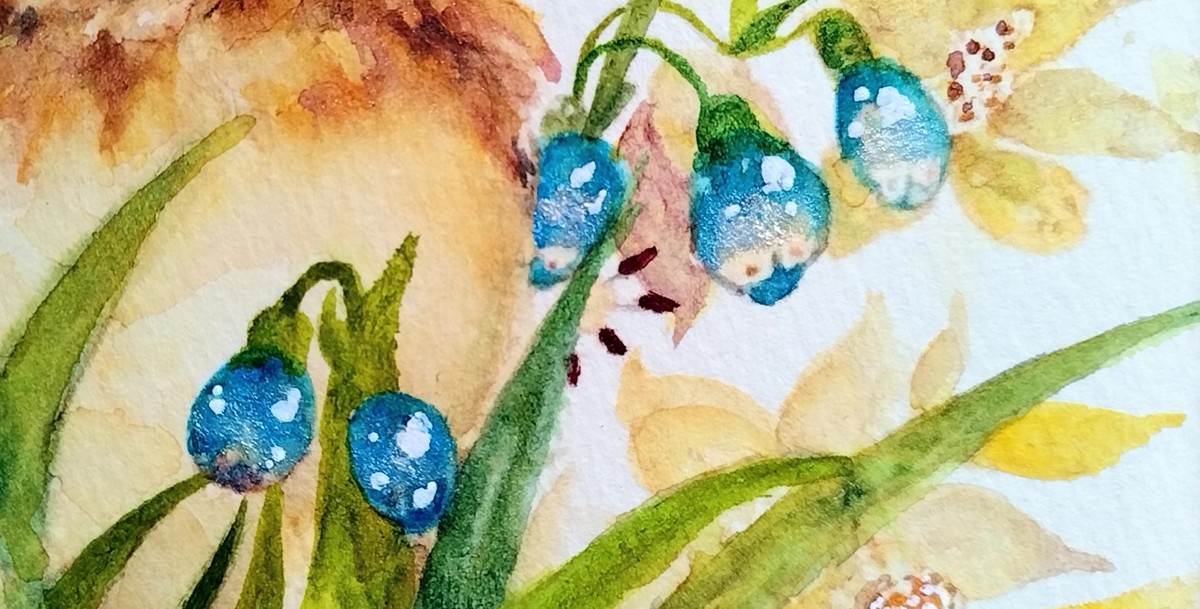 青い実にはキラキラと輝く偏光絵具を使用しております。