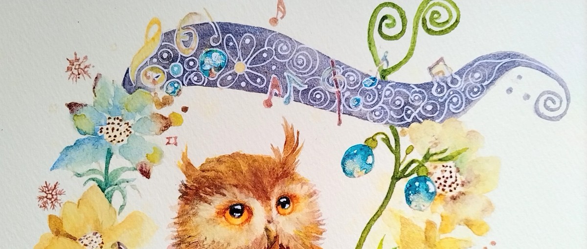 クルクルとしたリボンの模様や植物が絵に躍動感を持たせています。