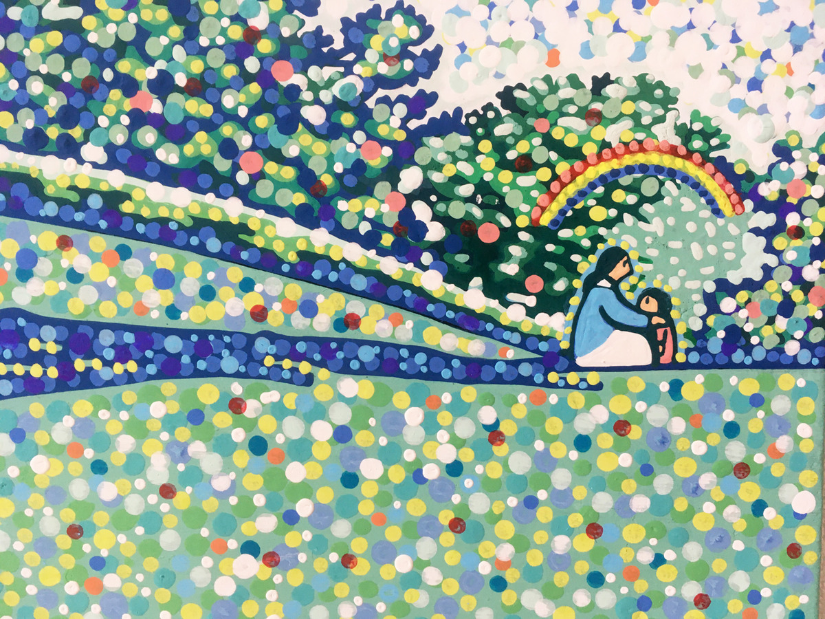 「母と子」の部分を接写しました。ご覧の通り、多数の色の点を打って描いています。