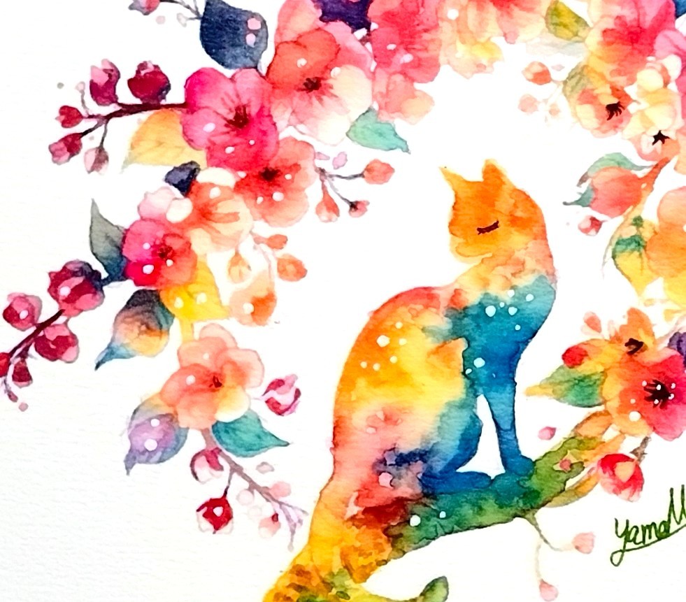 パキッとした鮮やかさと水彩のにじみが美しい作品です。