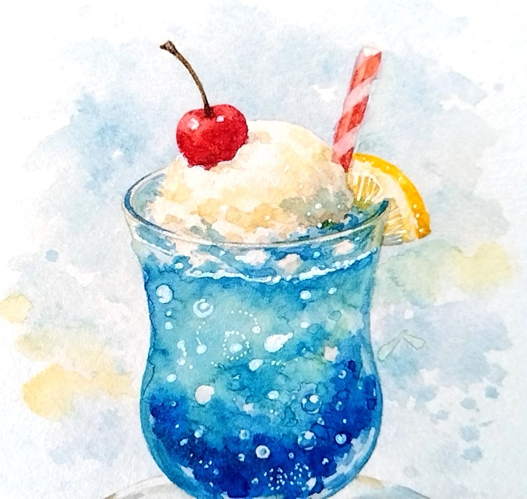 透明水彩の滲みに、発色の良いDr.マーチン・ボンベイ インディアインクを重ねることで、ソーダ特有の透き通るような発色を表現。水彩だけでは出せない、ハッとするような色の強さを共存させています。