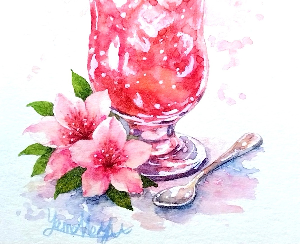 Dr.マーチン インディアインクで色彩に深みを与え、色鉛筆でツツジの花びらや氷のディテールを丁寧に描き込みました。柔らかな空気感の中に、ハッとするような瑞々しさが宿っています。