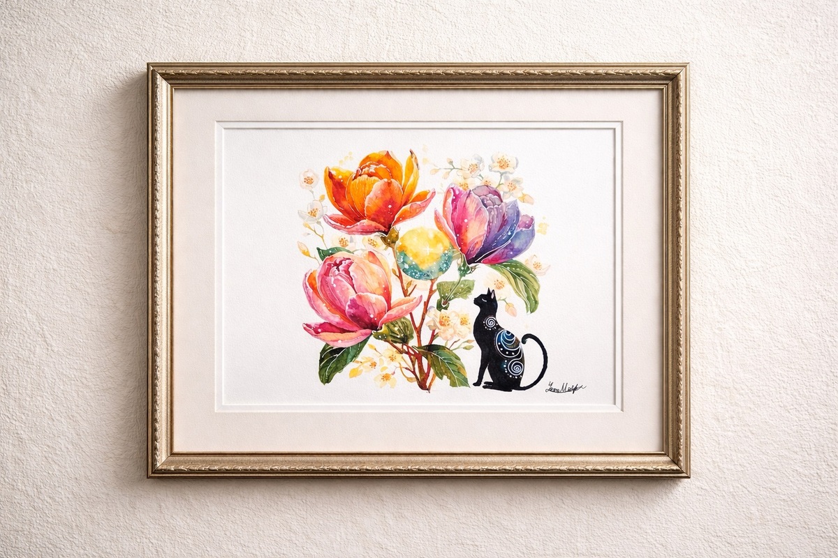 夜の静寂の中に咲く光の花々は、見る人の心を穏やかに、そして神秘的なエネルギーで満たしてくれます。額装無しの販売ですので、お好みのフレームであなただけの世界を完成させてください。