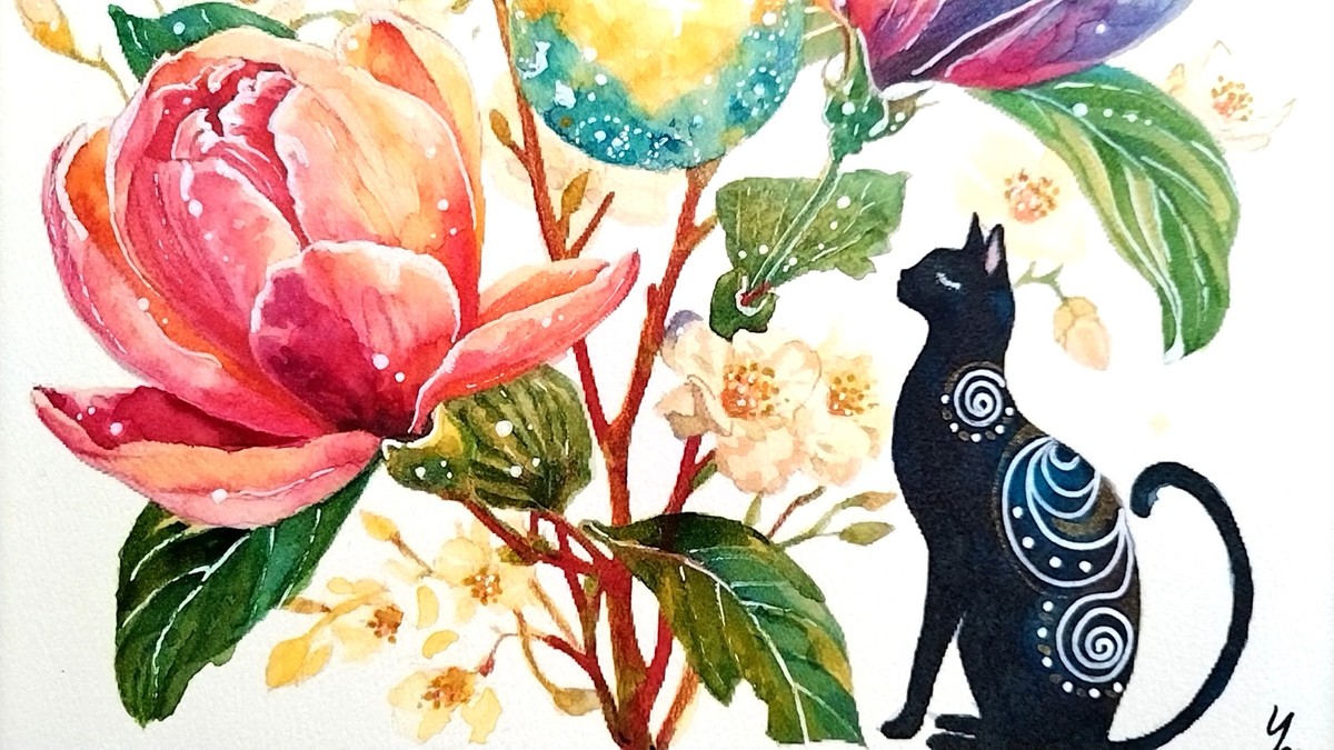 色鉛筆やホワイトペンを使い、黒猫の体に刻まれた神秘的な幾何学模様や、花びらの繊細な脈まで丁寧に描き込みました。画面の中に重厚な物語性と奥行きを与えています。