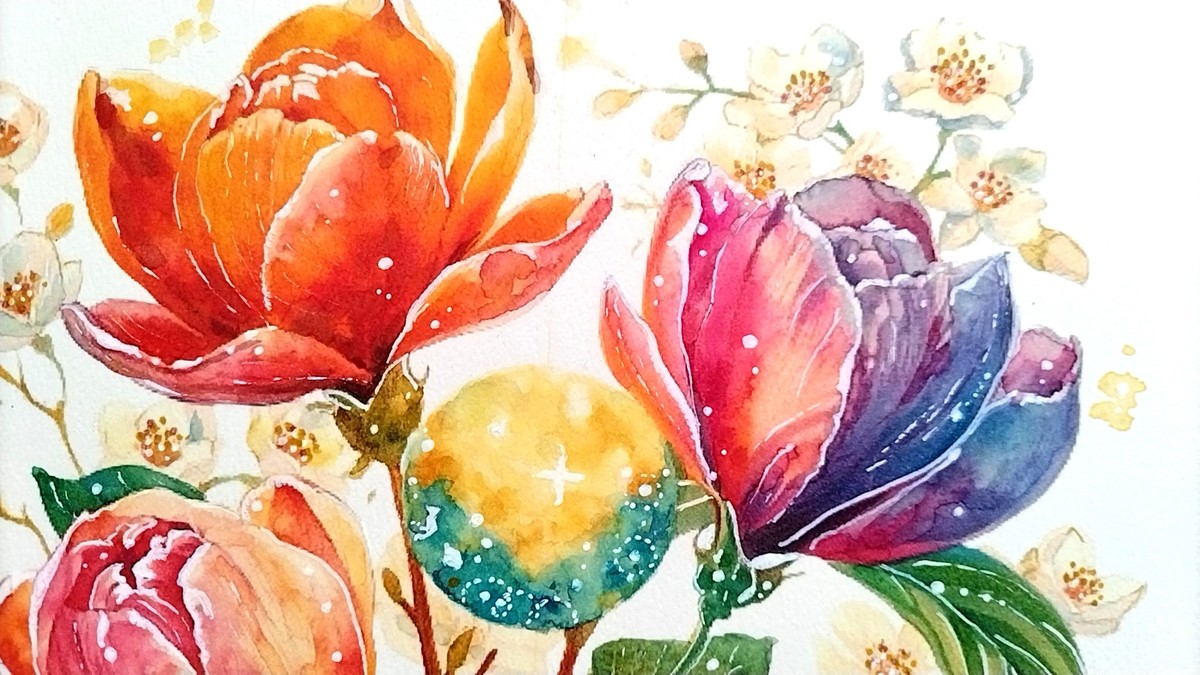 透明水彩の滲みと、発色の良いDr.マーチン インディアインクを重ねることで、夜の闇に浮かび上がる鮮やかな光の色彩を表現。水彩の優しさとインクの力強さが共鳴しています。