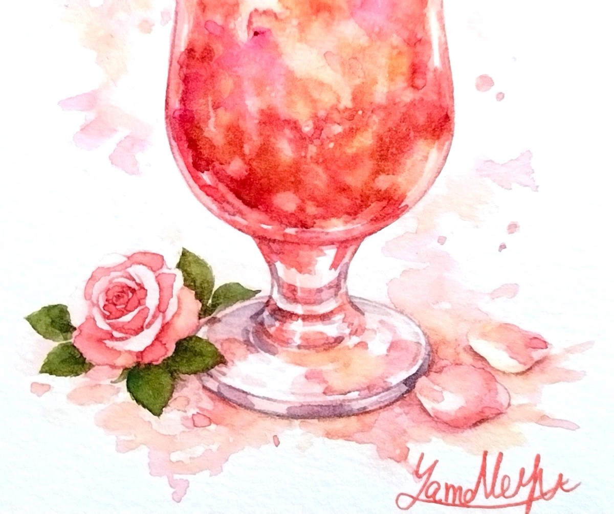 透明水彩の層を重ねることで、ソーダの泡が光を反射して瞬く様子を描き出しました。