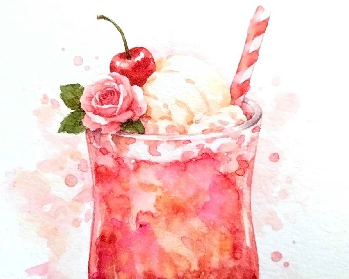 Dr.マーチン インディアインクで色彩の鮮やかさを引き立て、色鉛筆で薔薇の花びらの柔らかな曲線や、ストライプのストロー、そして真っ赤なさくらんぼの質感を緻密に描写しています。柔らかさと鮮明さが共存する仕上がりです。