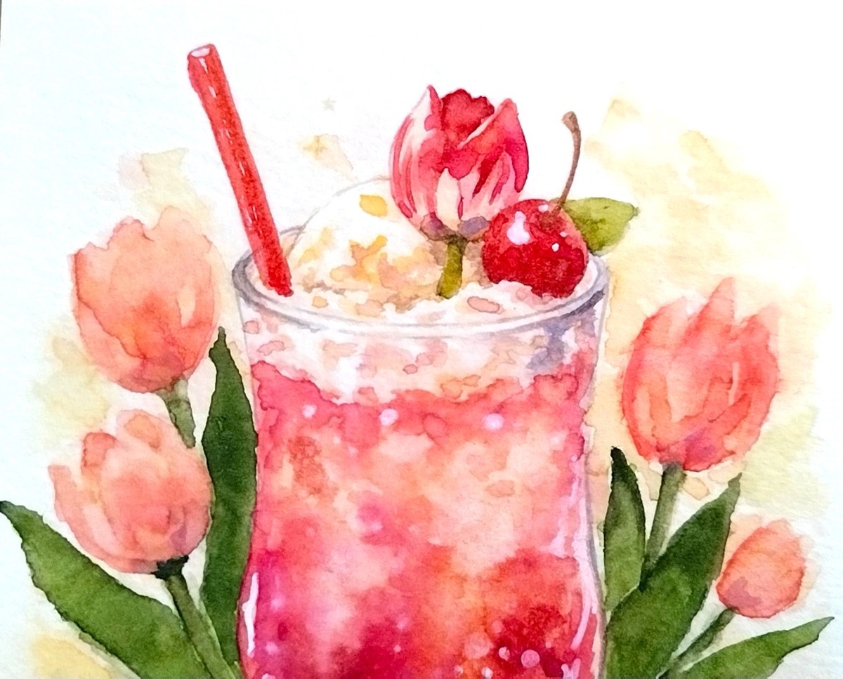 透明水彩を塗り重ねることで、ソーダの泡立ちや氷の透明感を繊細に描写。