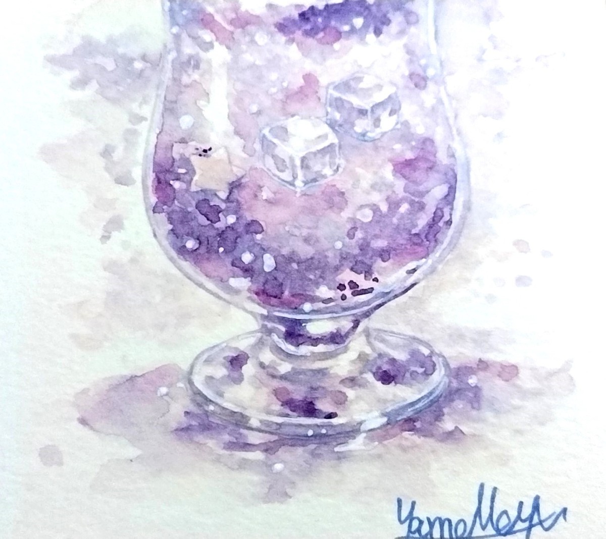 Dr.マーチン インディアインクで光の粒を、色鉛筆で氷の角やグラスの輪郭、レースの網目を丁寧に描き込みました。静かな夜の光がグラスに宿るような、瑞々しい質感を追求しています。