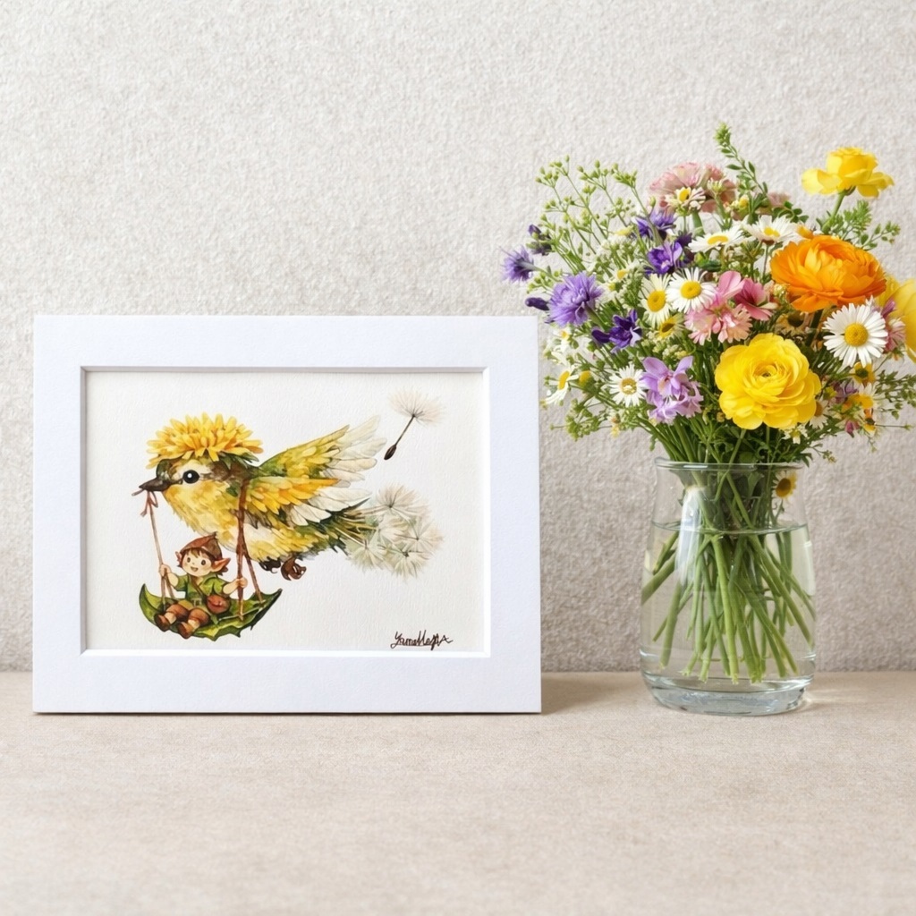 お部屋の明るい壁面や、玄関などの入り口近くに。
「いってらっしゃい」と背中を押してくれるような、前向きなエネルギーをくれる作品です。大切な方への、新しい門出の贈り物にもぴったりです。